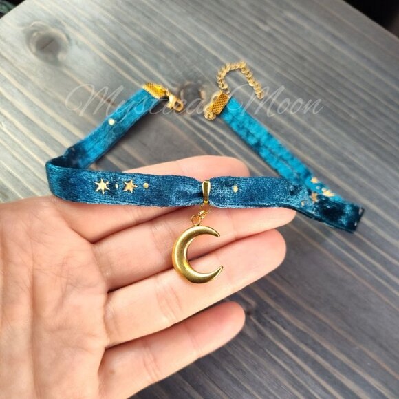 Night Sky Blue Velvet Choker Necklace with Celestial Star Golden Print and Cresc - Picture 4 of 5